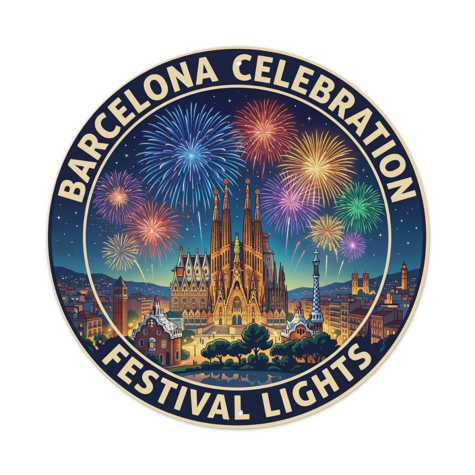 Retro Barcelona Catalan Fireworks Celebration Landmark Metal Tin Sign Plaque Wall Decor for Cafe, Man Cave, Club Bar, Office, Home Garden Round Metal Poster 8x8Inch