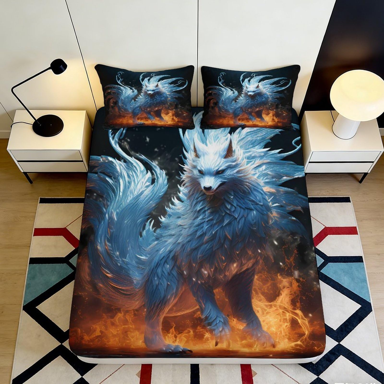 3D Printed Blue Fire Wolf Fitted Sheet Microfiber Soft Bed Cover for Bedroom Dorm Protection Decor 90x200x25cm