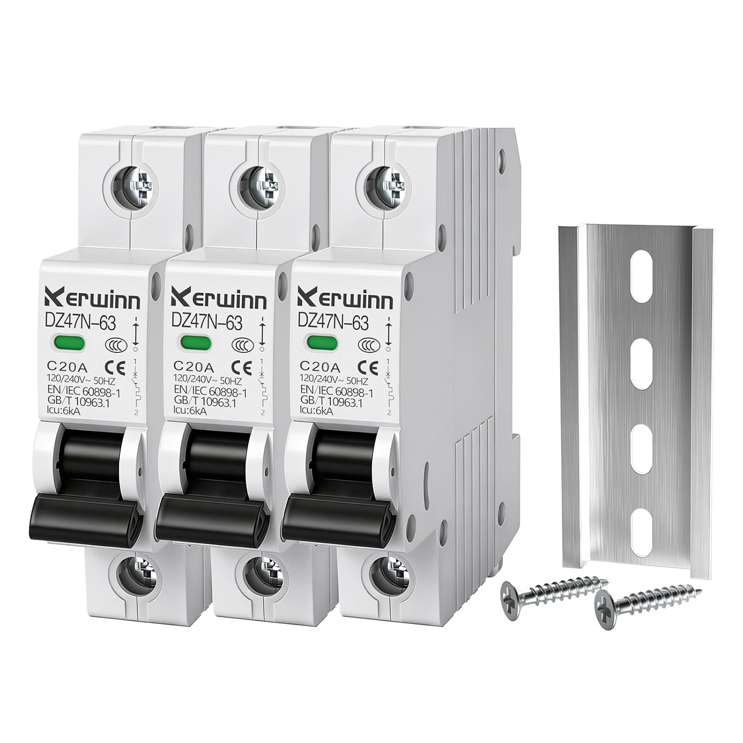 3PCS Miniature Circuit Breaker 1 Pole 20A (MCB),120V/240V 50/60Hz AC DIN Rail Mount Breaker, Compatible with Grid-Tied Solar Systems, RV & Home Circuits(20A)