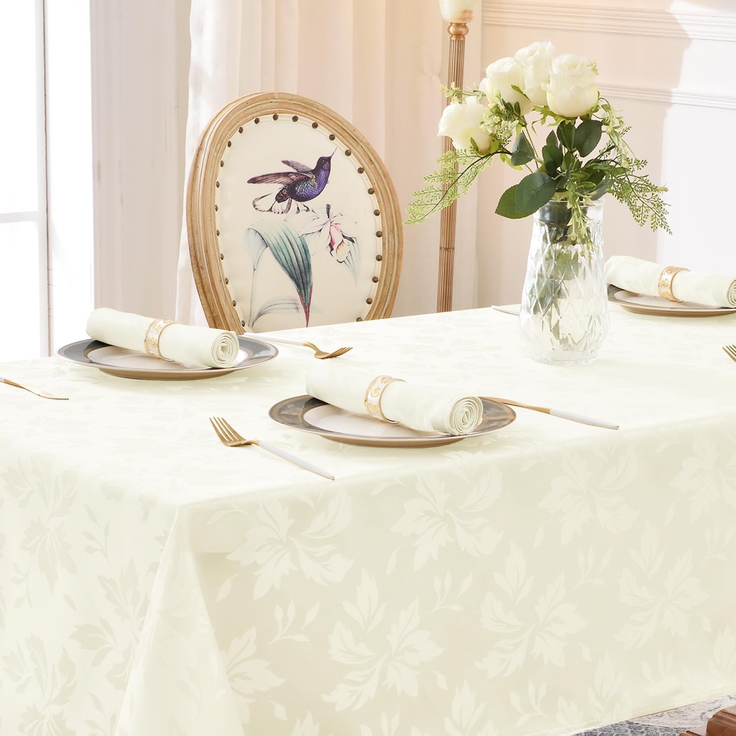 Romanstile Jacquard Rectangle Tablecloth - Outdoor Waterproof Damask Floral Pattern Decorative Table Cloths Heavy Weight Fabric Table Covers for Dinner/Parties/Outdoor - 60 x 102 Inch, Ivory