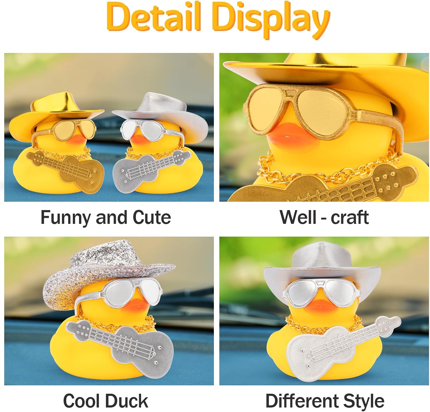 wonuu Cowboy Hat Car Rubber Ducks, Dashboard Decorations Rubber Ducky for Car Ornament Cute Duck with Hat, Glasses, Necklace, Mini Guitar, Silver