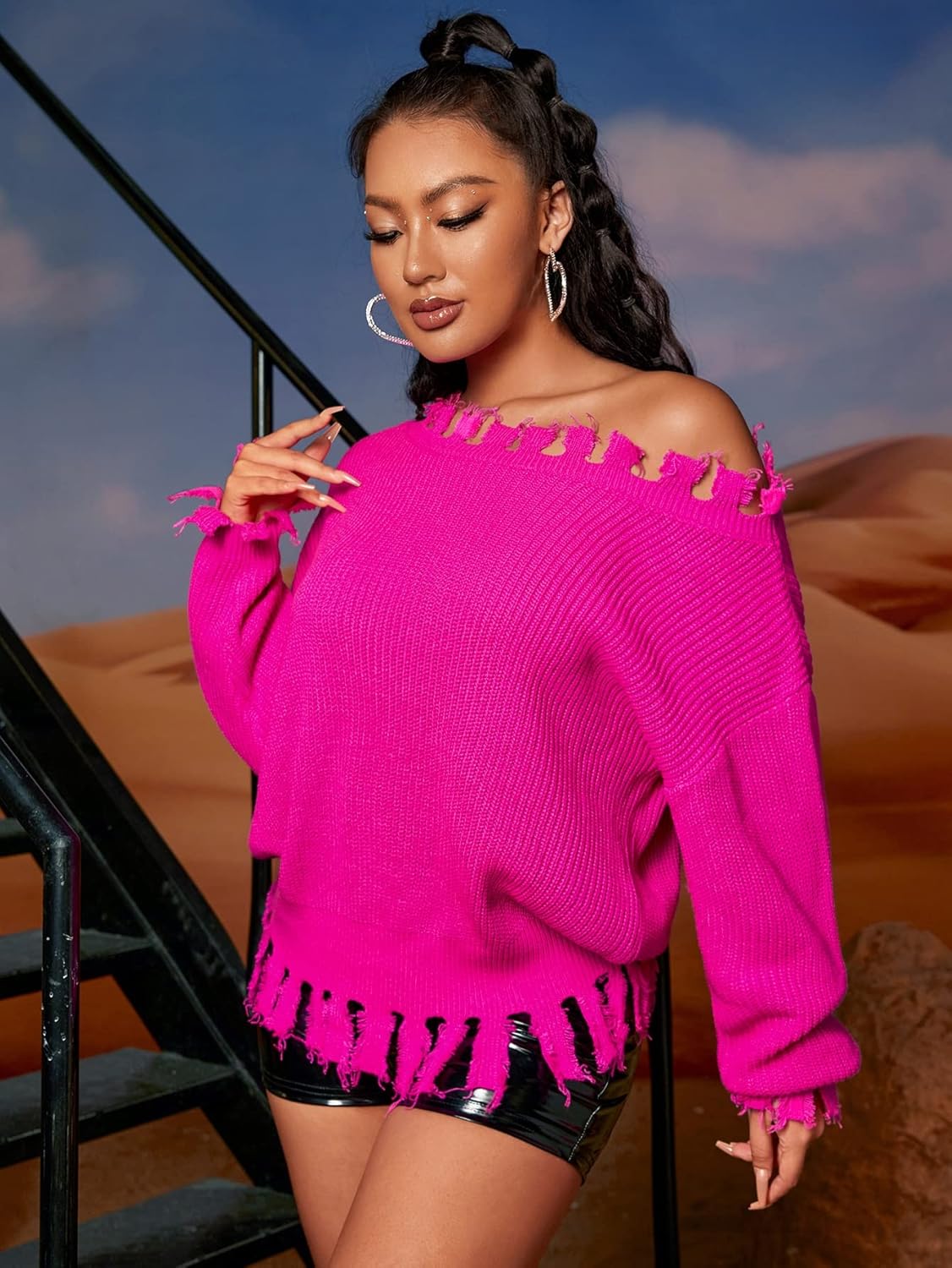 Women's Sweater Drop Shoulder Asymmetrical Neck Distressed Sweater Sweater for Women (Color : Hot Pink, Size : Medium)