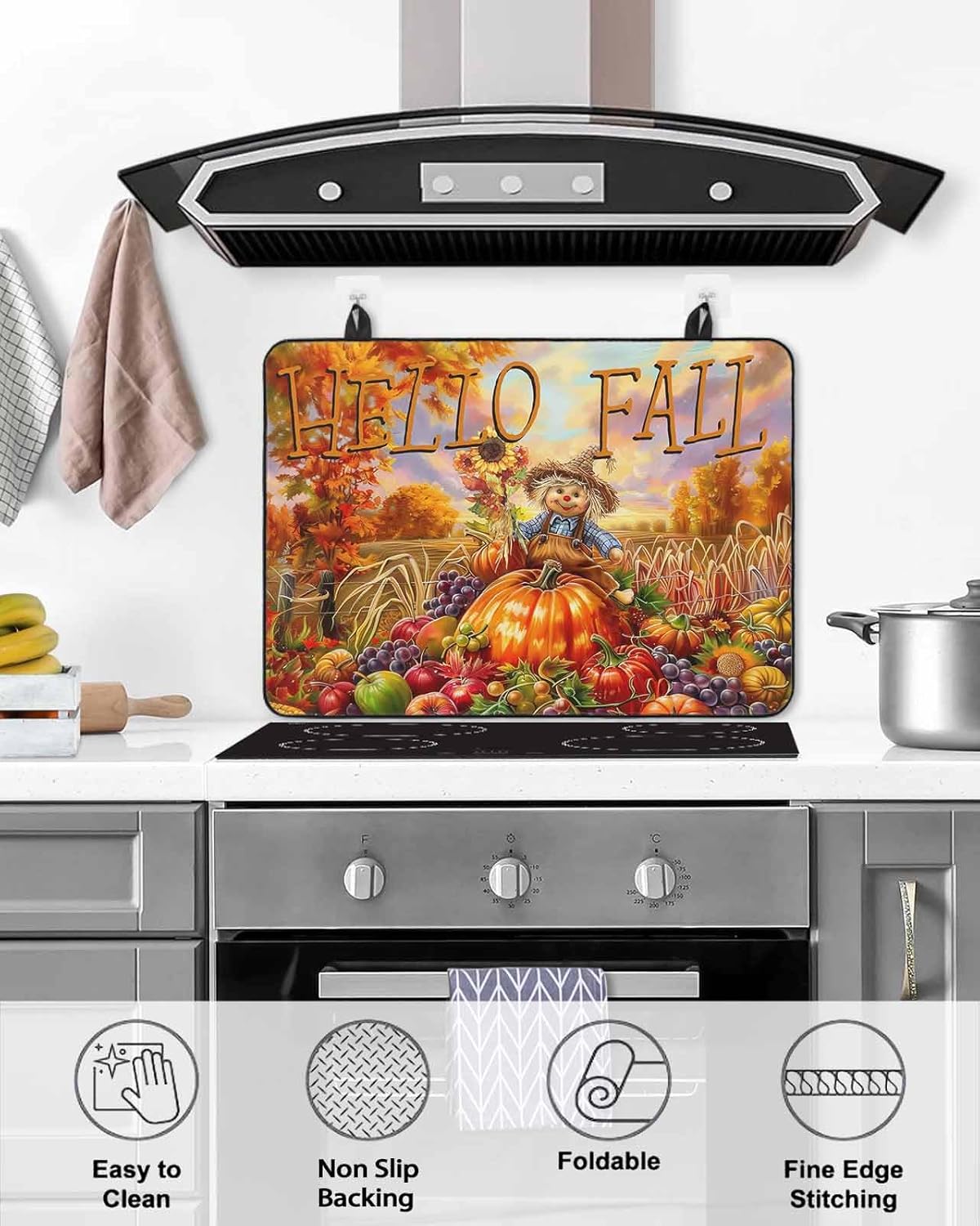Fall Stove Top Cover Farmhouse Autumn Fruit Stove Cover for Electric Stove Top Pumpkin Floral Scarecrow Thanksgiving Glass Cooktop Covers Anti-Slip Mat Heat Resistant Countertop Protector 28.5"x20.5"