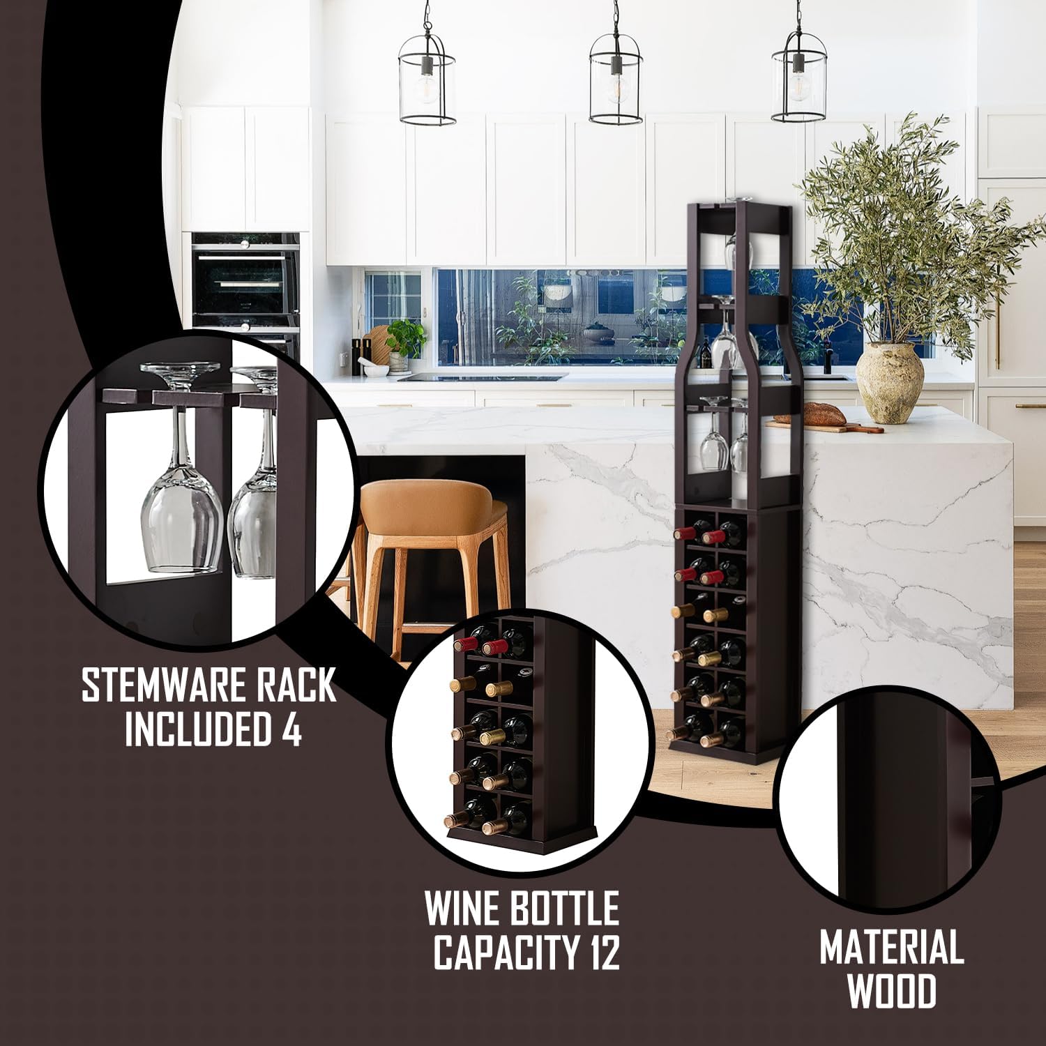 Kings Brand Furniture Granger Wine Rack Freestanding Floor for Bottle Wine Rack with Glass Holder - 3 Stemware Rack for Wine Glass Holder Perfect for Home Bar Kitchen & Room - 12 Bottles - Dark Cherry