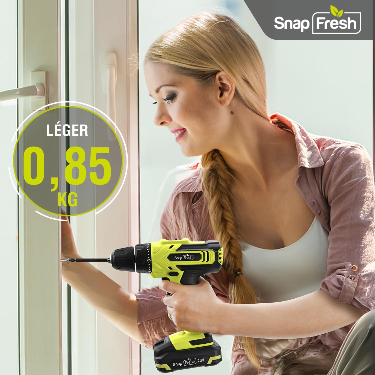 SnapFresh Perceuse Visseuse Sans Fil 20V – Légère et Compacte 0,8 kg, Couple 35 N·m, 2 Vitesses, LED, Batterie 2,0 Ah & Accessoires – Idéale pour le Bricolage et les Réparations à la Maison