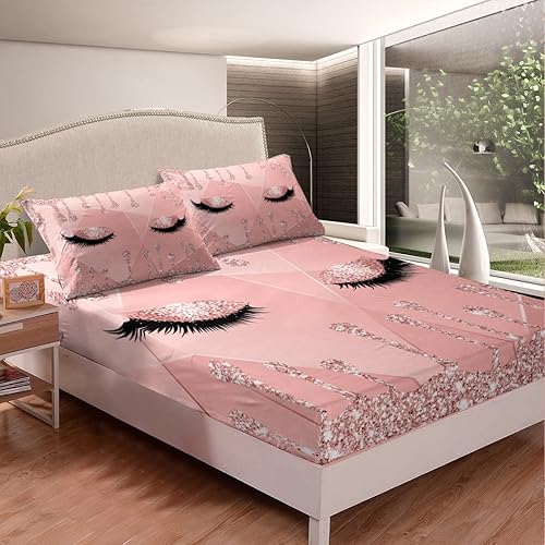 Miniatura 3 de Juego de sábanas de pestañas con diseño de ojos con bolsillo profundo, sábana bajera ajustable con estampado de purpurina (sin purpurina), juego de