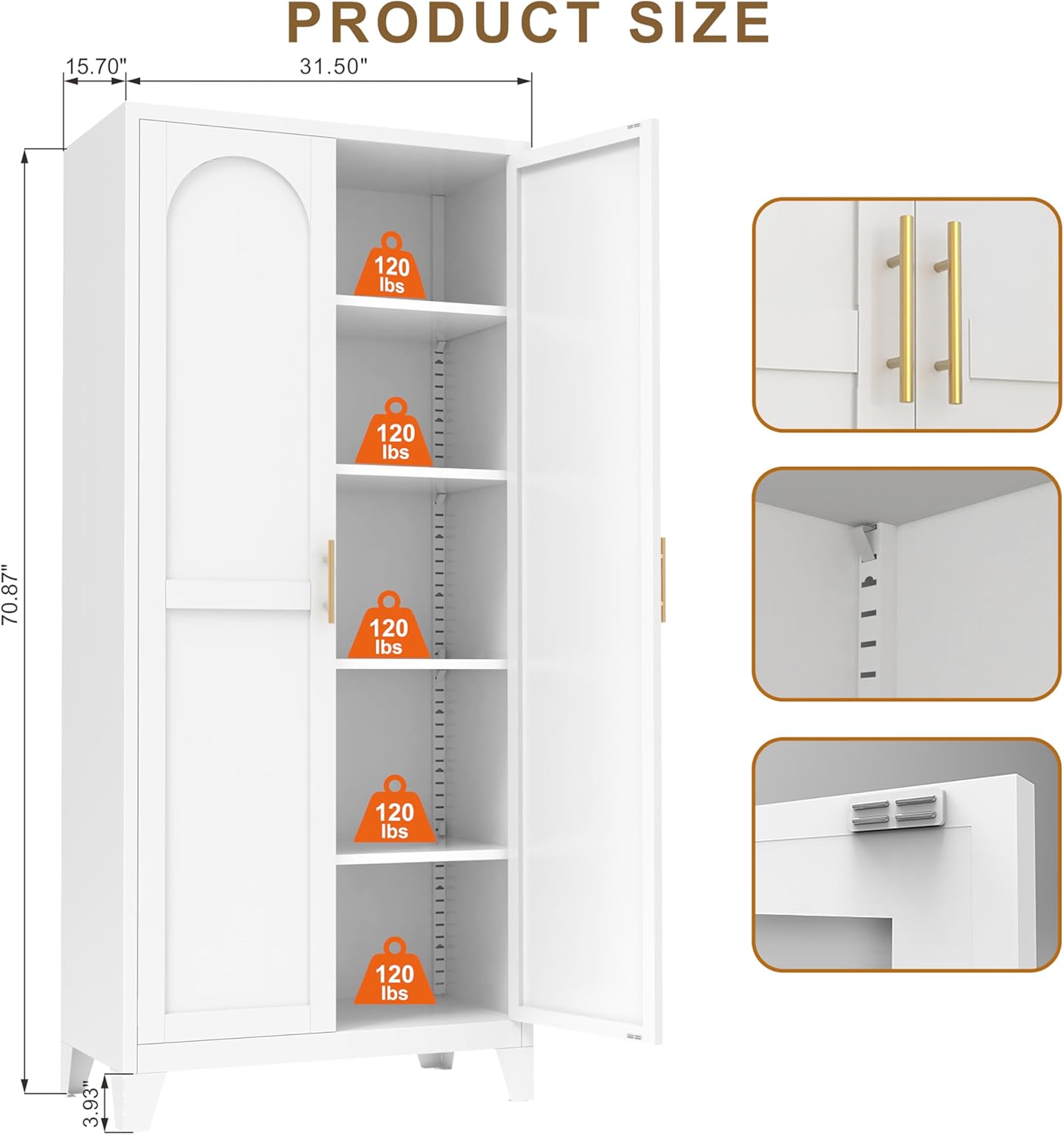 71'' Metal Kitchen Storage Cabinet with Doors and Adjustable Shelves, 5-Tier Tall White Food Metal Pantry Storage Cabinet for Kitchen, DiningLiving and Office