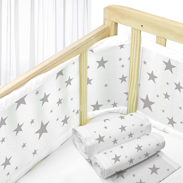WYSWYG Cot Bumper with Breathable Mesh, 2 PCS Baby Cot Bumpers Anti-Crash Cot Liner, Fits Full Size 4 Panel Cot (White)