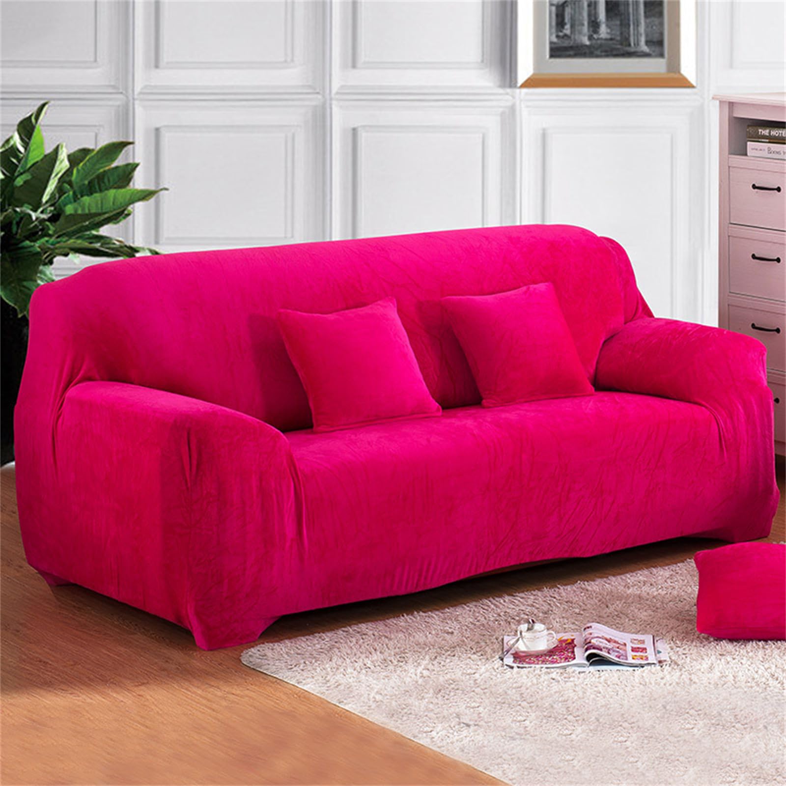 Housse de canapé élastique 4 places rose foncé extensible avec accoudoirs pour protection de salon