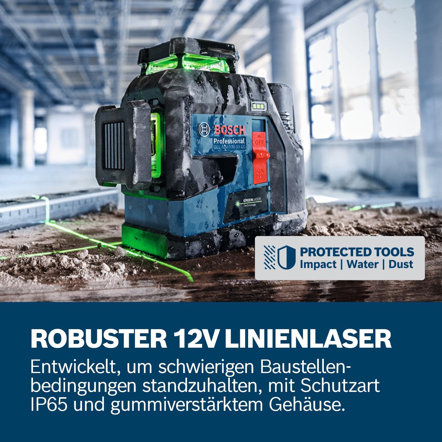 Bosch Professional Linienlaser GLL 12V-100-33 CG (3 x 360° grüner Laser, Arbeitsbereich 100 m (Radius) mit Empfänger, LB 10, DK 20, GBA 12V 2.0Ah, GAL 12V-40, L-BOXX)