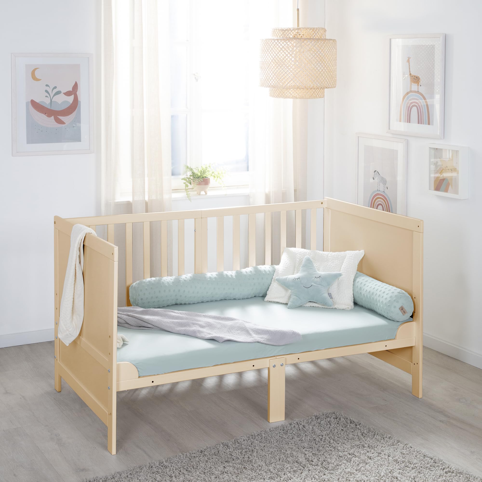 roba łóżeczko dziecięce EASY SLEEP 70 x 140 cm w zestawie z elementami do przebudowy - rosnące łóżeczko ze szczebelkami, 3-stopniowa regulacja wysokości - 3 wyjmowane szczebelki - drewno naturalne
