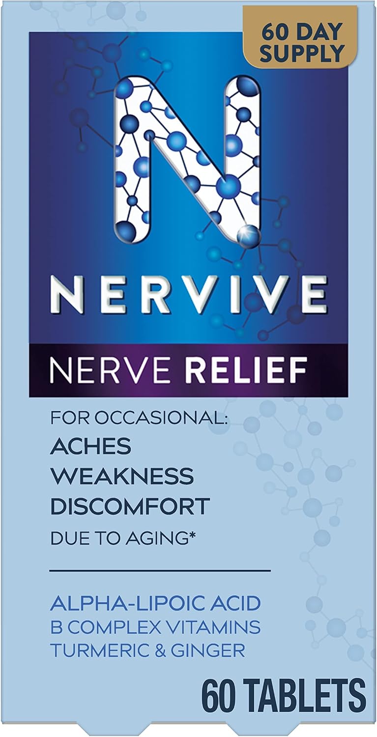 Nervive Nerve Relief, with Alpha Lipoic Acid, to Help Reduce Nerve Aches, Weakness, & Discomfort in Fingers, Hands, Toes, & Feet*, ALA, Vitamins B12, B6, & B1, Turmeric, Ginger, 60 Daily Tablets