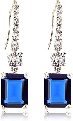 [RIZILIA CLASSIC] Dangle Drop Pierced Swan Hook Earrings with Emerald Cut Gemstones CZ [Multi-Colors available] in 18K White Gold Plated, Simple Modern Elegant