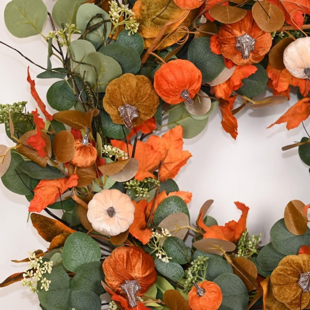 Large 24 Inch Fall Wreath for Front Door, Autumn Wreath with Eucalyptus Pumpkin Pods and Maple Leaves for Thanksgiving Harvest Home Decor (Green Leaves)