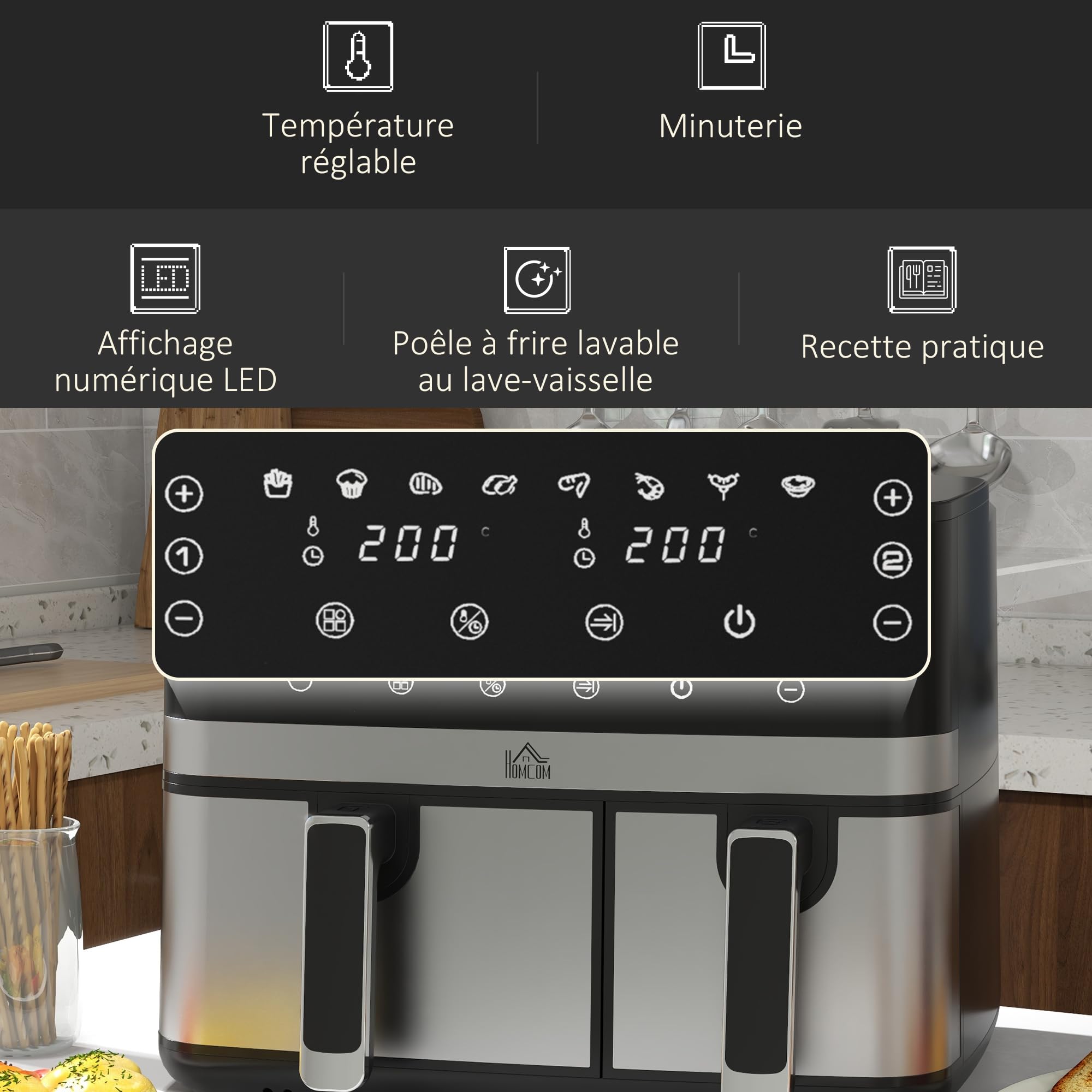 HOMCOM Friteuse à Air Sans Huile 8,5 L 2700 W 8 Programmes