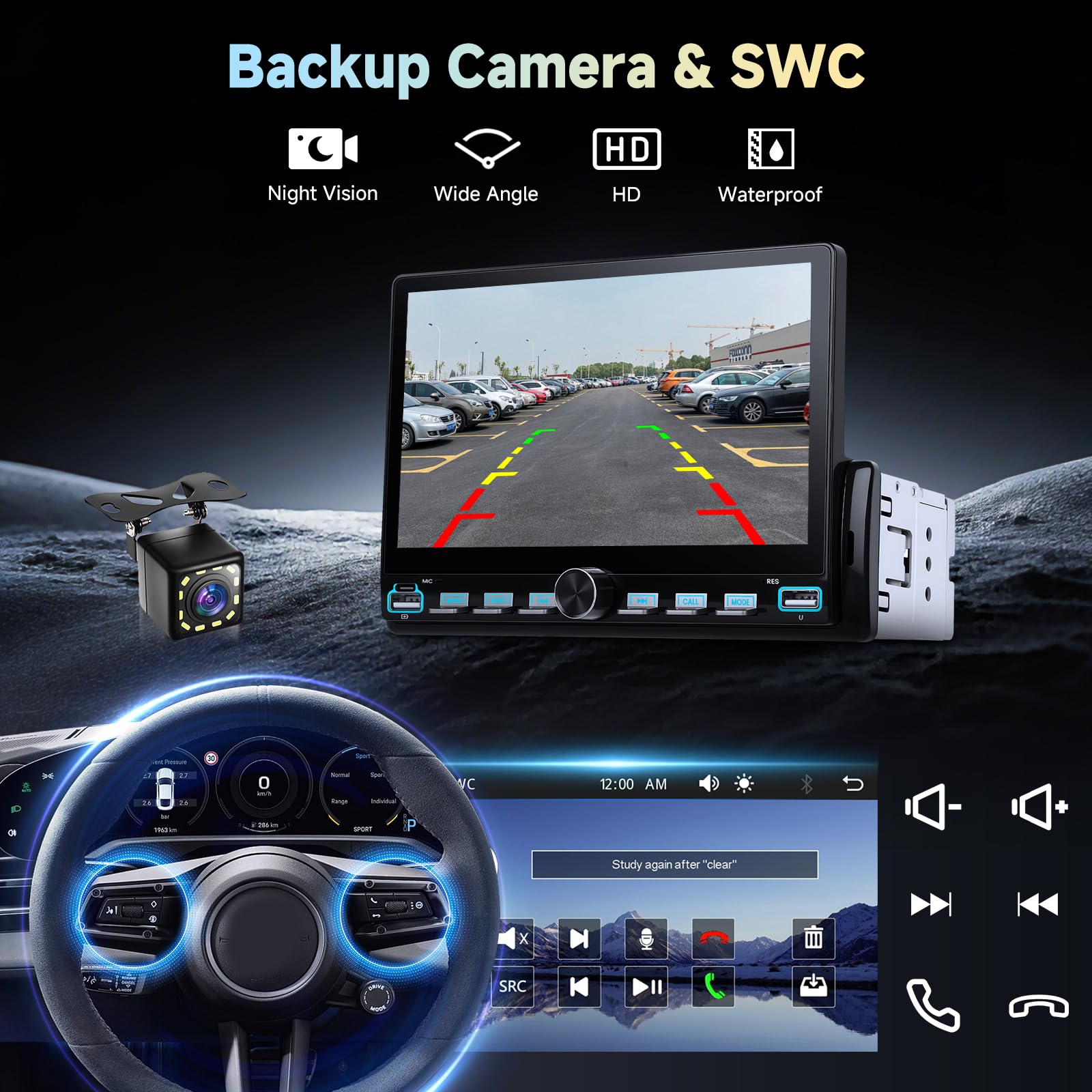Hodozzy Autoradio 1 Din avec Carplay sans Fil Android Auto, Écran Tactile 7 Pouces Poste Radio Voiture 1 Din Bluetooth, Lien Miroir, FM Type-C/USB/AUX, MP5 Lecteur Vidéo en Ligne avec Caméra Recul