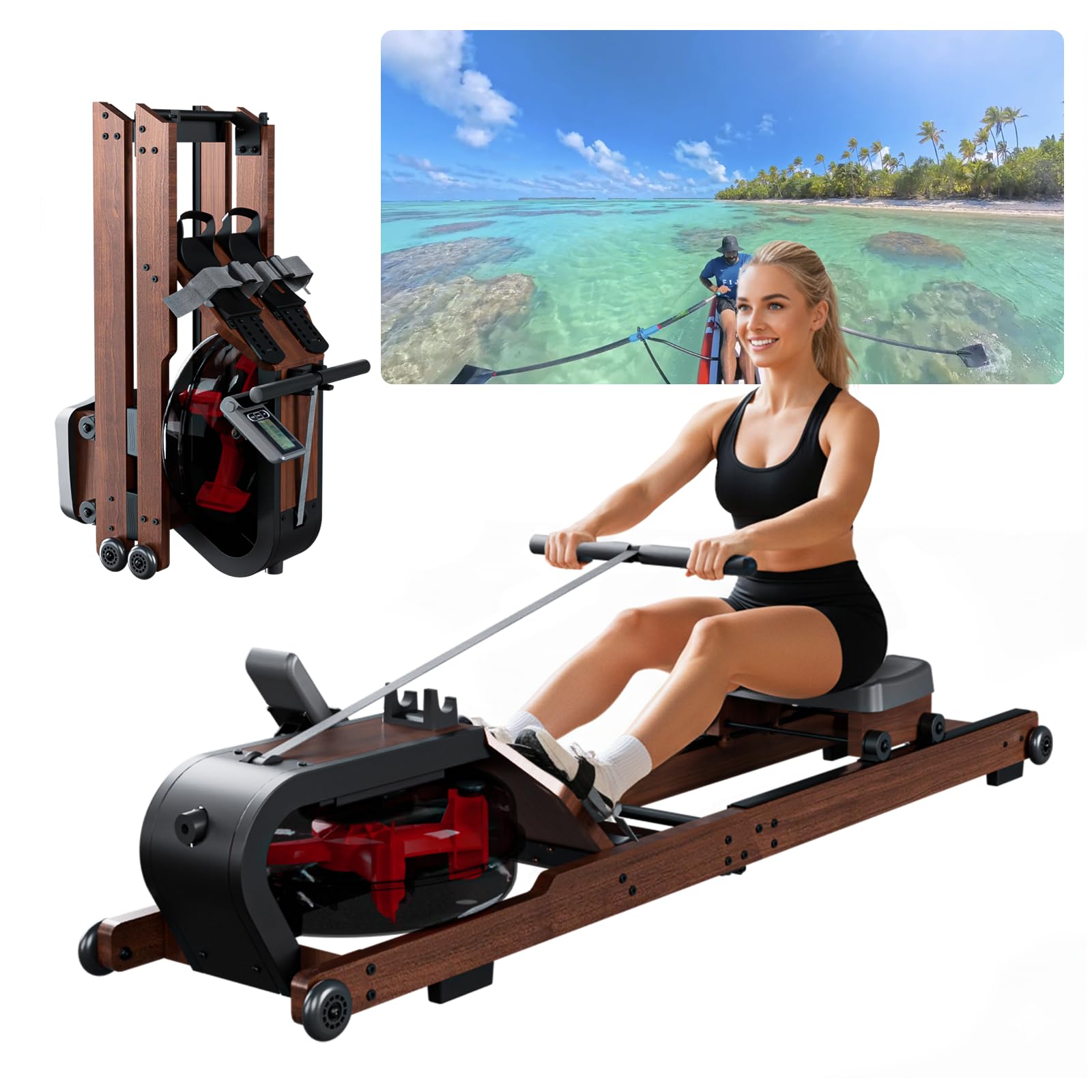 Rudergerät für Zuhause, Aeriflo Hochwertiges Faltbares Wasser Rudergerät aus Massivholz, mit Professionellem Bluetooth-Monitor mit Tablet-Halter & Komfortabler Sitz