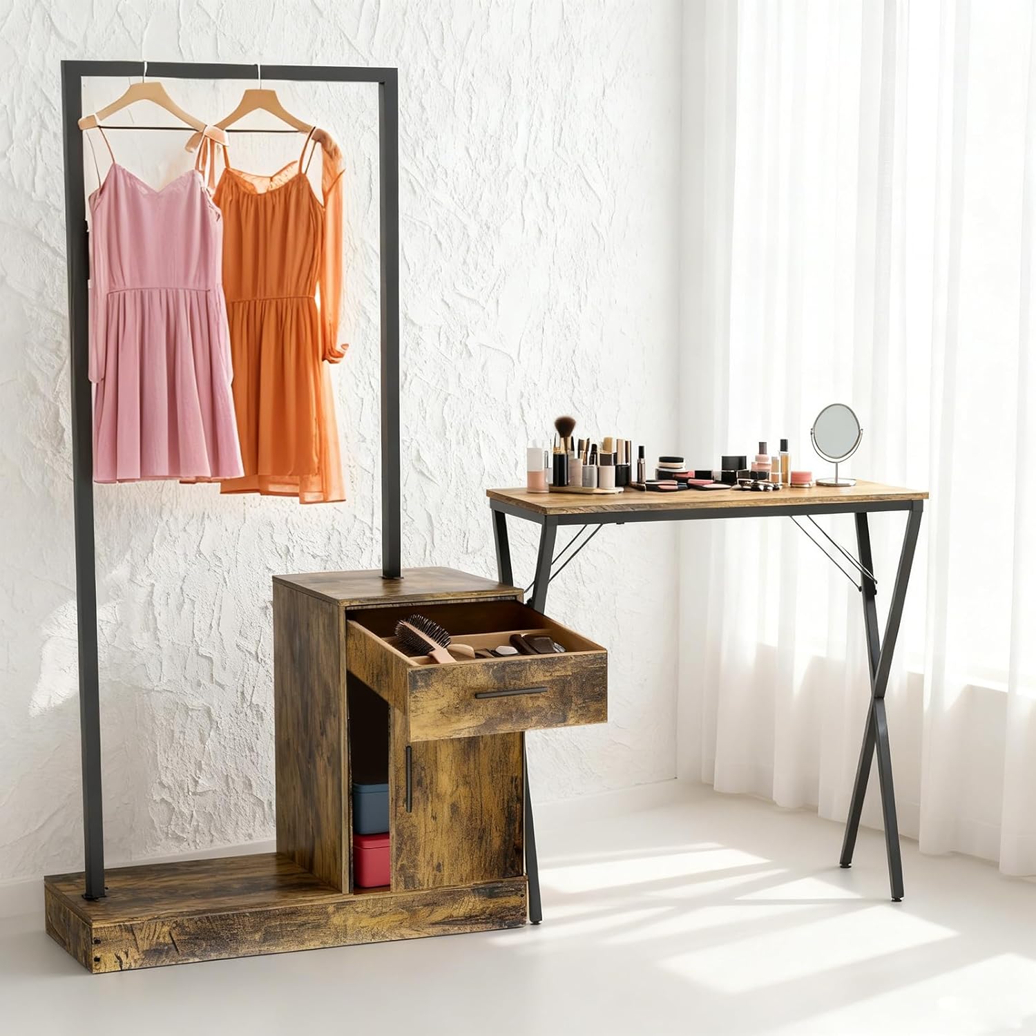 Lightdot 2 in 1 Vanity Desk with Hanging Rack Makeup Vanity Table with 2 Drawer Closet for Bedroom Sturdy Multi- Functional Dressing Table & Clothing Rack for Girls/Dressing Room