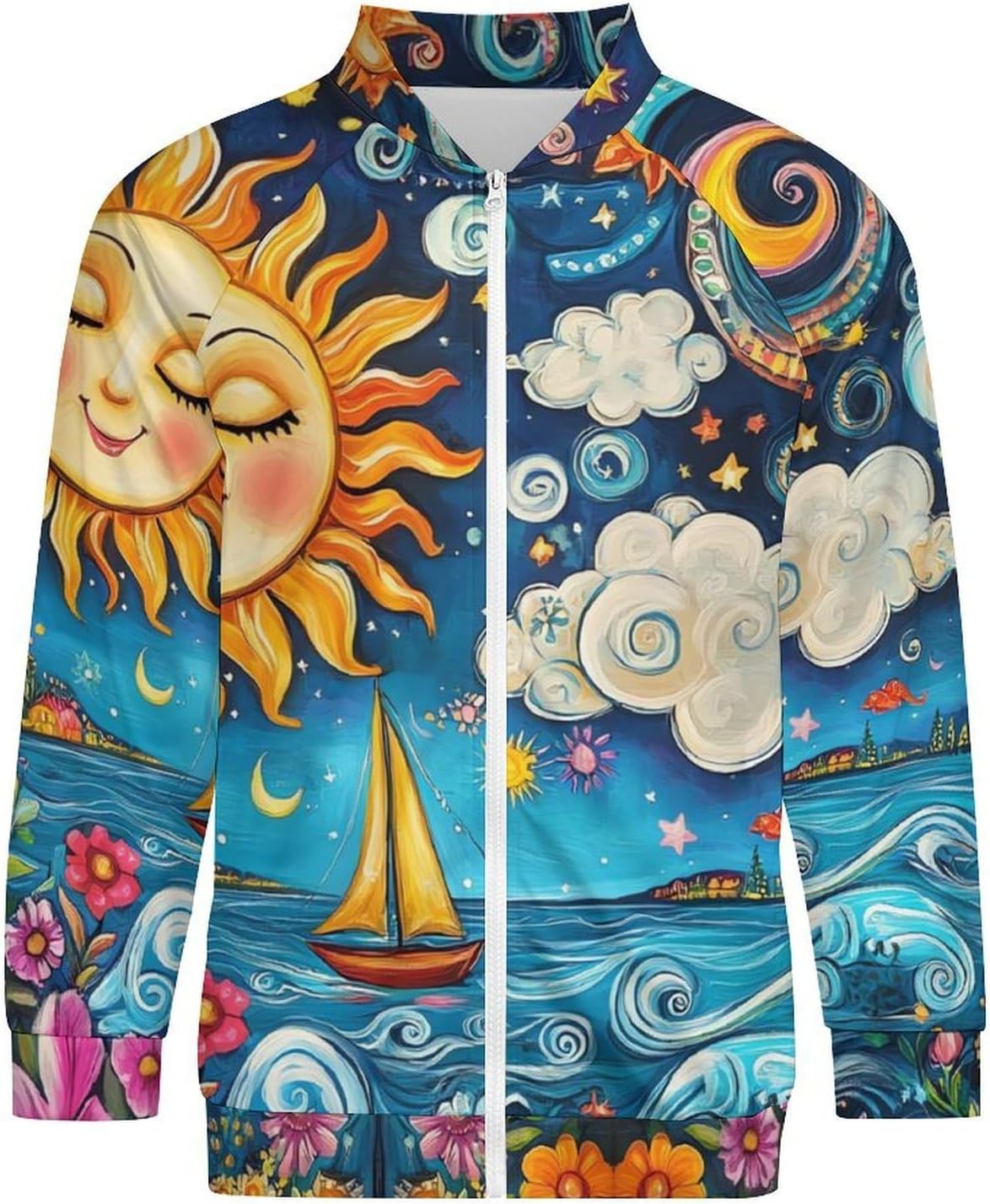 Sun And Moon Face Men's Zip Up Sweatshirt Casual Sweater Jackets Long Sleeve Tops Lightweight Coat