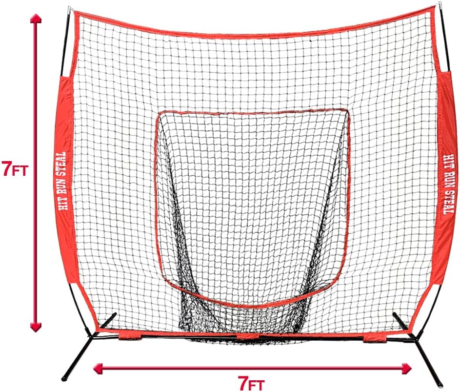Hit Run Steal Heavy Duty Softball & Baseball Net with Carrying Bag, Tee, and Red Strike Zone - Perfect for Batting and Pitching Practices