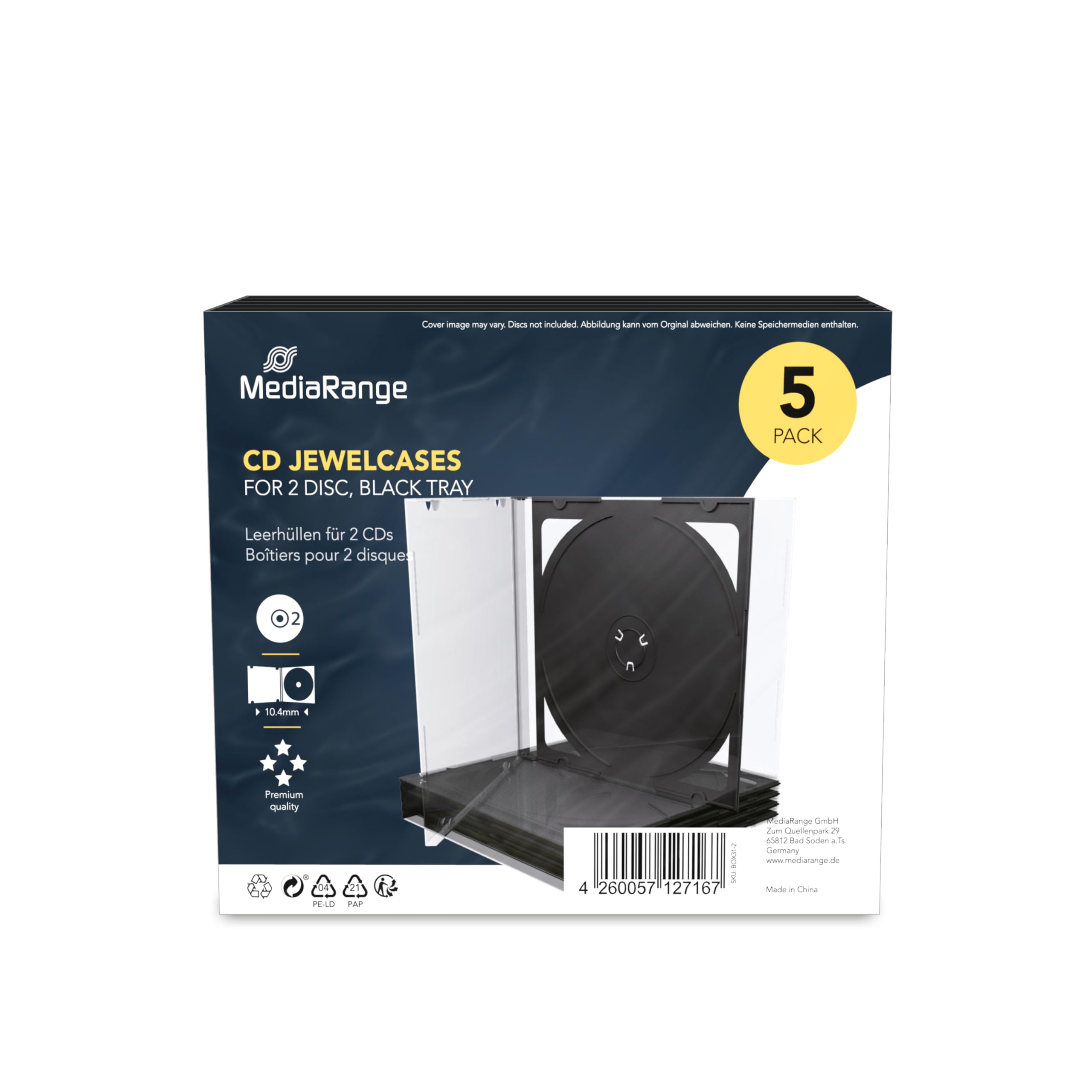 MEDIARANGE BOX31 – CD Jewel Case Cover for 2 CDs – Clear/Black (Pack of 5)