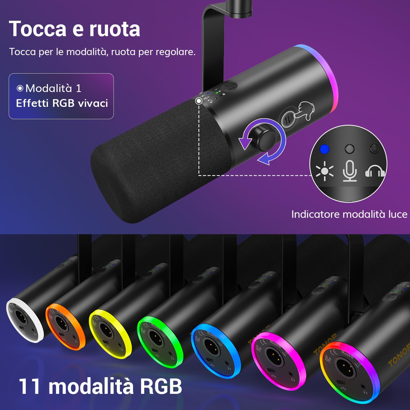 TONOR Microfono Gaming Dinamico per PC, Microfono Cardioide Streaming XLR/USB con supporto da tavolo per Podcasting/Studio, Cancellazione Rumore IA,RGB Controllabile,Jack Cuffie 3,5 mm,Nero,TD510 AIR