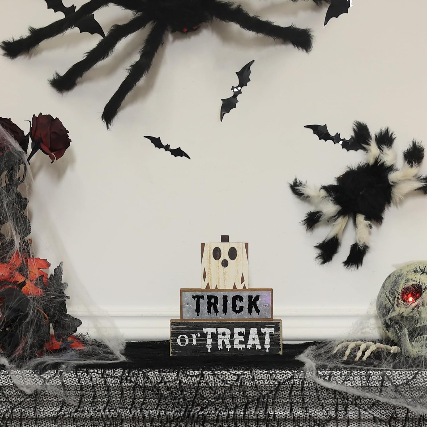 DECSPAS Halloween Decorations Indoor, Decorative Wood Block Scary Ghost Sign with TRICK or TREAT Lettered for Halloween Decor, 3-Layered Wooden Tabletop Gothic Decor for Home Table Tiered Tray Mantel image 5