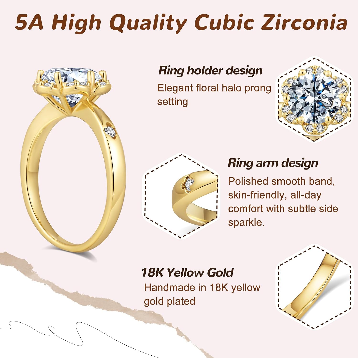 Aurora & Fiori Flower Engagement Ring for Women, Women's Flower CZ Ring with 18K Yellow/White Gold Plated, Engagement Wedding Band Jewelry for Women 1/2/3/4CT