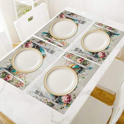 Vista 22 de Juego de 4 manteles individuales botánicos con diseño de flores, plantas botánicas, hojas de flores, rústico, floral, impermeable, lavable