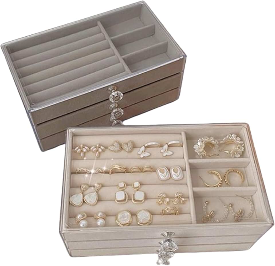 Porta Joia Acrílico Luxo 3 Camadas Brinco/Anel/Colar/Pulseira Compartimento Caixa Armazenamento Jóias - NEXUS MARKET (Cinza)
