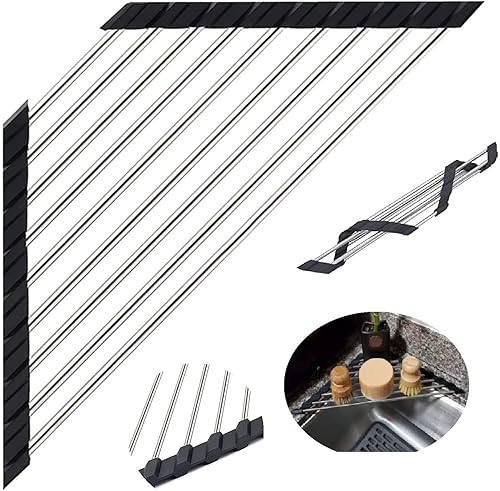 Miniatura 6 de Escurridor de platos triangular para fregadero de esquina enrollable, plegable, de acero inoxidable, multiusos, para colocar sobre el fregadero,