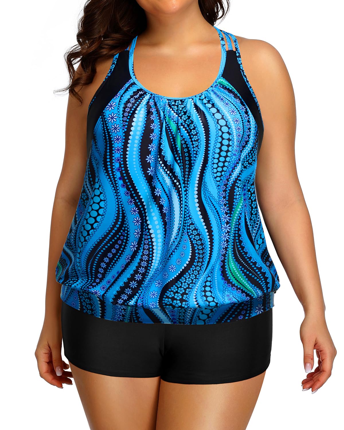 Holipick Tankini in Übergröße für Damen, zweiteilig, Bauchkontrolle, Blouson Racerback Tankini Top mit Shorts | Blouson Racerback Tankini Top mit Shorts, Double Up Design, herausnehmbares Pad