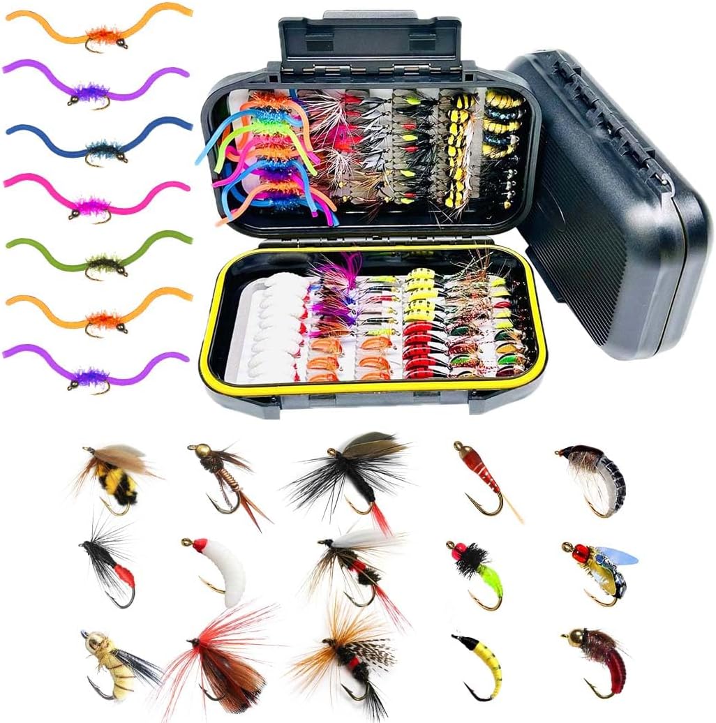 Fly Fishing Flies Kit Fly Assortment Trout Bass Fishing Lure 113Pcs with Fly Box,Dry/Wet Flies, Nymphs, Streamers, Popper