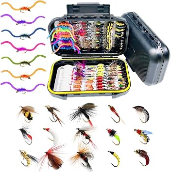 Fly Fishing Flies Kit Fly Assortment Trout Bass Fishing Lure 113Pcs with Fly Box,Dry/Wet Flies, Nymphs, Streamers, Popper