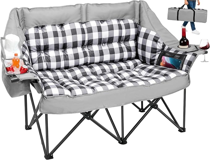 Suteck Double Camping Chair, Oversized Camping Couch with 2 in 1 Pockets, Heavy Duty 800LBS Loveseat Camping Chair for Adults, Folding Lawn Chairs Sofa with Wine Holder for Patio Outdoor Indoor