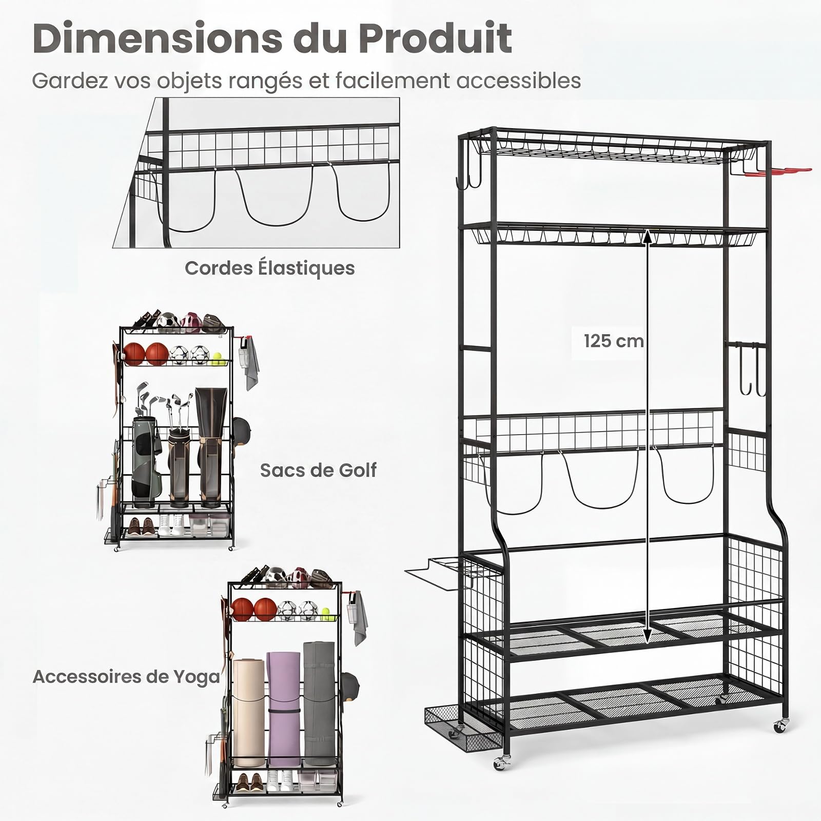 GYMAX Rangement d'Équipement Sportif à roulettes Amovibles 132 x 40,5 x 194 cm, Organiseur pour Ballons, Raquettes, Clubs, Sacs de Golf, Tapis de Yoga, Chaussures, Vêtement, Casque