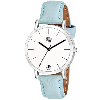 Swadesi Stuff Exclusive Analog Watch for Women and Girls (White Dial Sky Blue Colored Leather Strap)