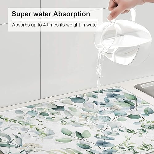 Miniatura 6 de Tapete de secado de platos de hojas florales verdes para encimera de cocina, 18 x 24 pulgadas, absorbente, tapete de secado reversible, tapete de