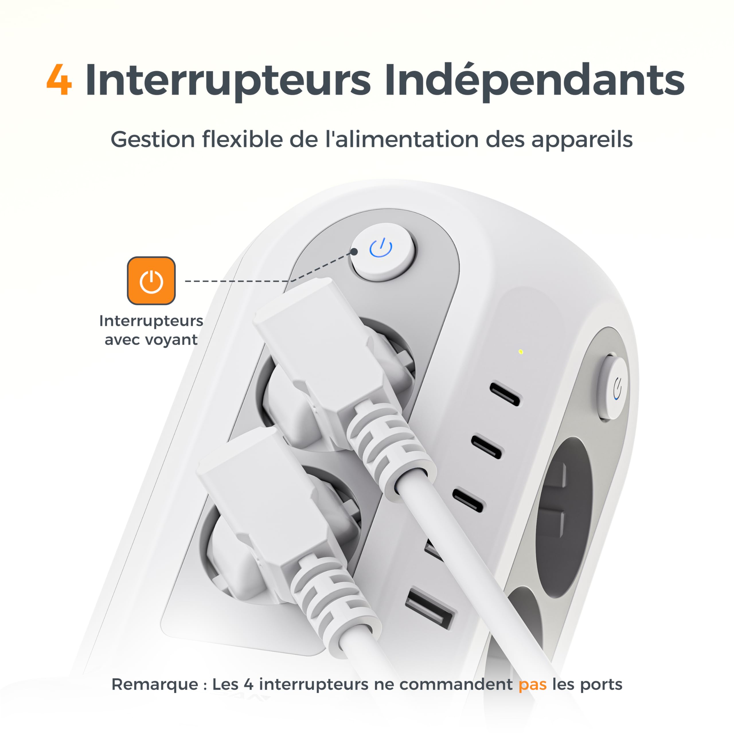 TESSAN Tour Multiprise avec Interrupteurs, Rallonge Electrique 2M, Prise Multiple 3680W avec 8 Sorties AC et 5 Ports USB (2A3C), Multiprise Parafoudre et Surtension pour Bureau et Maison, Gris