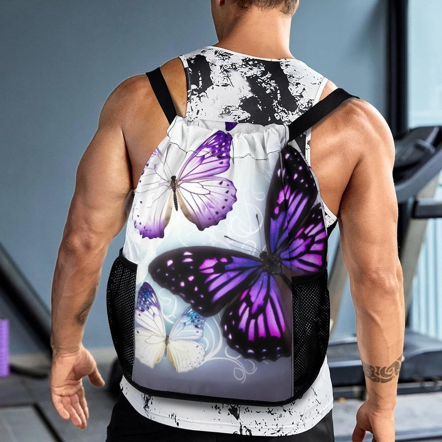 Small Gym Bag White Purple Butterflies Printed Drawstring Gym Bag for Men Lightweight Waterproof Drawstring Backpack for Women with Shoe Compartment for Travel Tourism Work And Fitness