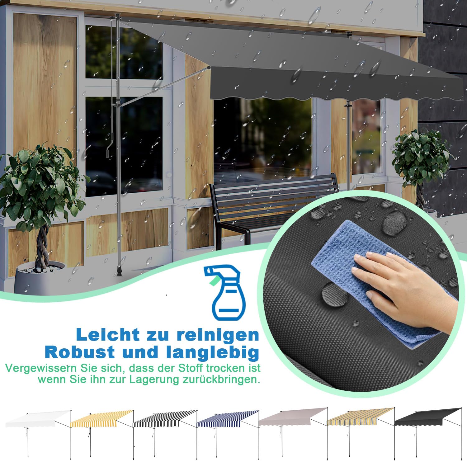 Toldo con sujeción de 300 cm de ancho con manivela manual, toldo para balcón sin necesidad de perforación, toldo ajustable en altura con protección UV50+ y repelente al agua, montaje
