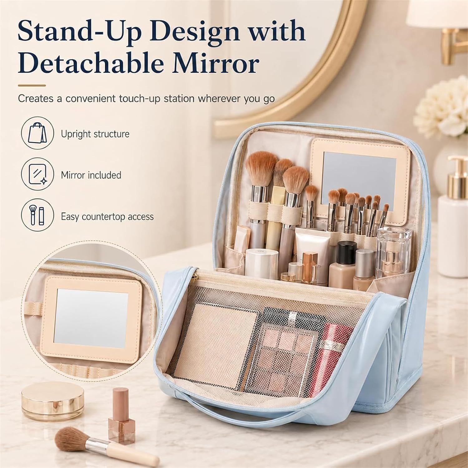 Stylish Handheld Partitioned Cosmetic Bag,Waterproof PU Leather Standing Makeup Organizer with Detachable Mirror,Multi-Purpose Large Capacity Portable Makeup Bag (Blue) image 5