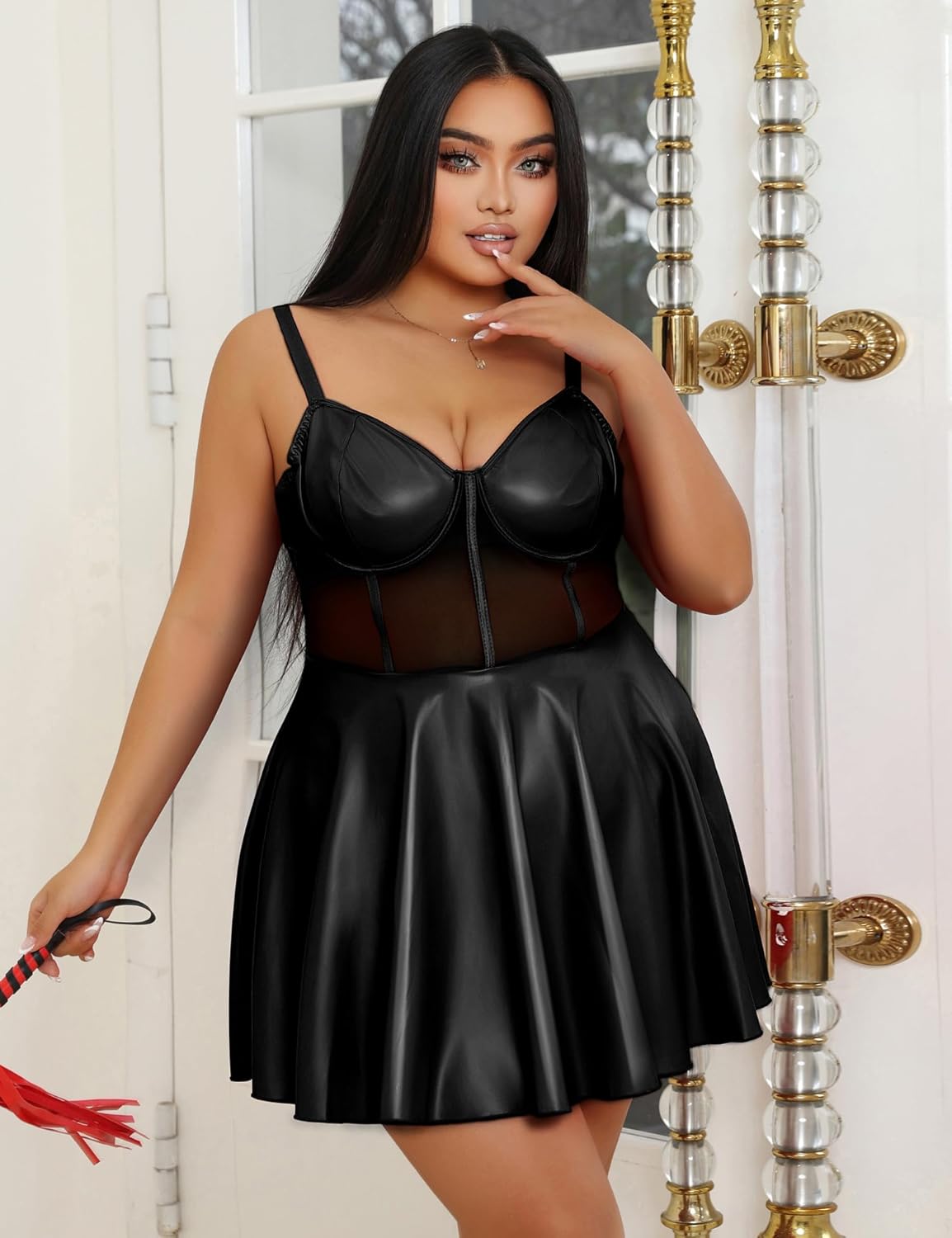 ohyeahlady Faux Leather Babydoll Lingeie for Women Mini Dress Plus Size V Neck Chemise Sexy Teddy Lingerie for Women Club - Image 6