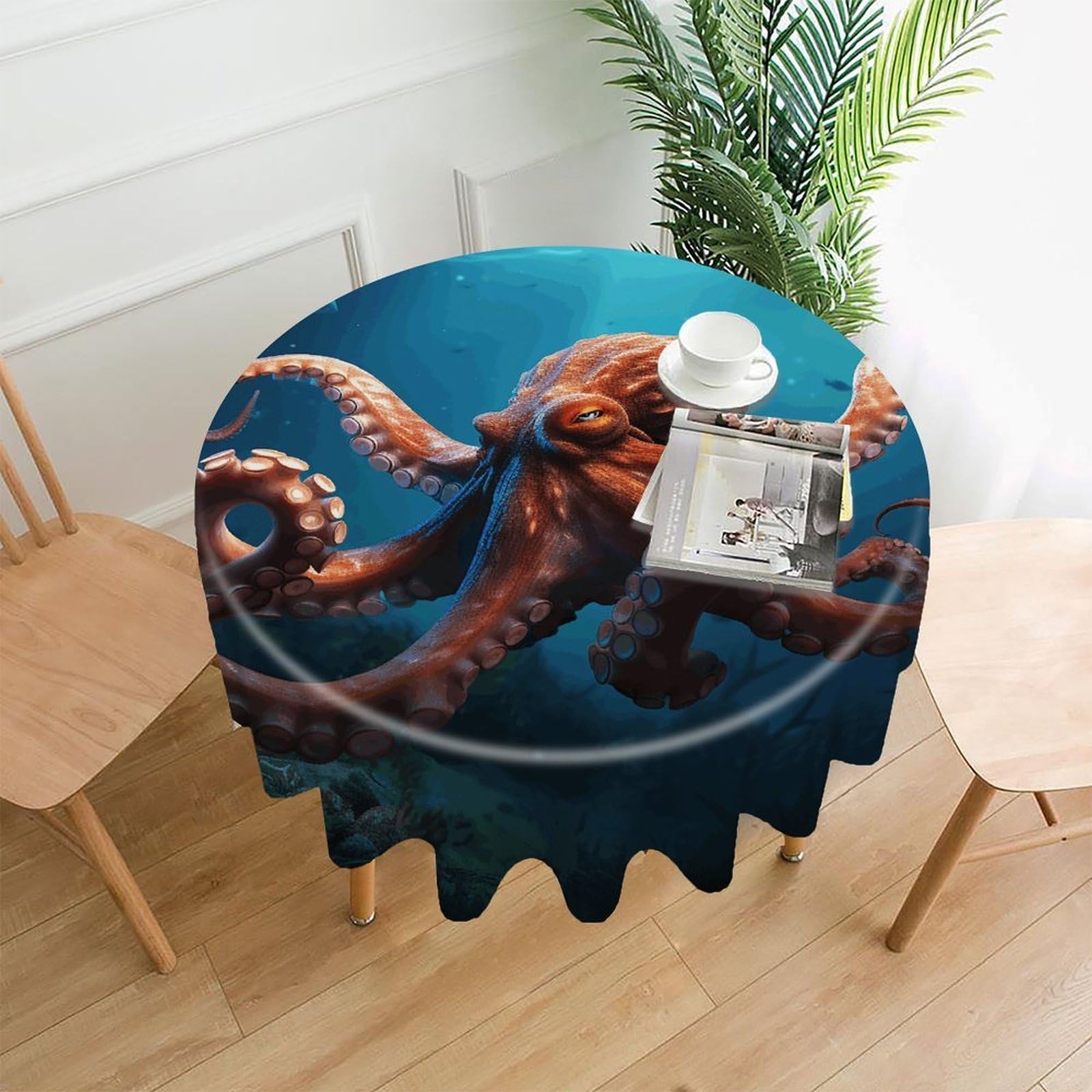 Ocean Animal Octopus Tablecloth Exquisite Wrinkle-Free Straight-Edge Round Table Cloth Anti-Fading Premium Polyester Tablecloth Waterproof Folding Table Cloths for Tables Decor