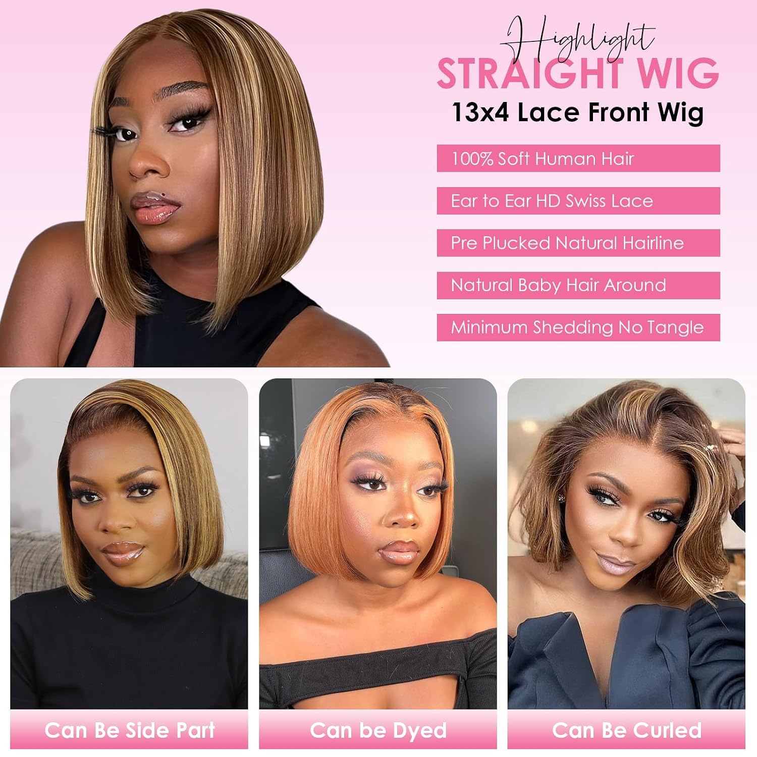  Ombre Lace Front Bob Wig Human Hair Straight Short Wig 8 Inch | Ombre Honey Blonde Human Hair Wig with Natural Hairline, 13x4 HD Lace Large Frontal, #4/27 Colored Human Hair Wig thumbnail