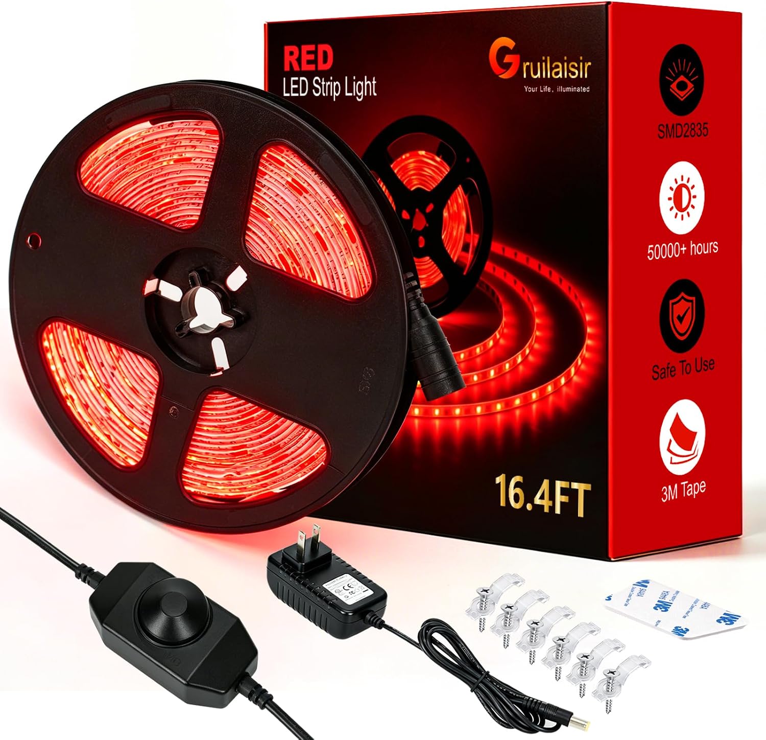 Red LED Strip Light 16.4ft – Dimmable, Waterproof, Flexible & Cuttable – 12V UL Listed Adapter – 3M Tape – DIY for Bedroom, Party, Bar, Festival