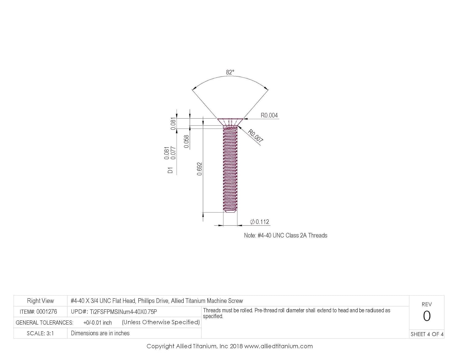 0001276, (Pack of 50) #4-40 X 3/4 UNC Flat Head, Phillips Drive, Titanium Machine Screw, Grade 2 (CP)