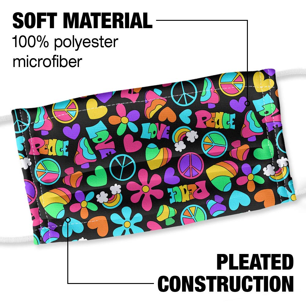 Groovy Hippie Peace and Love Pattern 1-Ply Reusable Face Mask Covering with Adjustable Nose Wire, Unisex