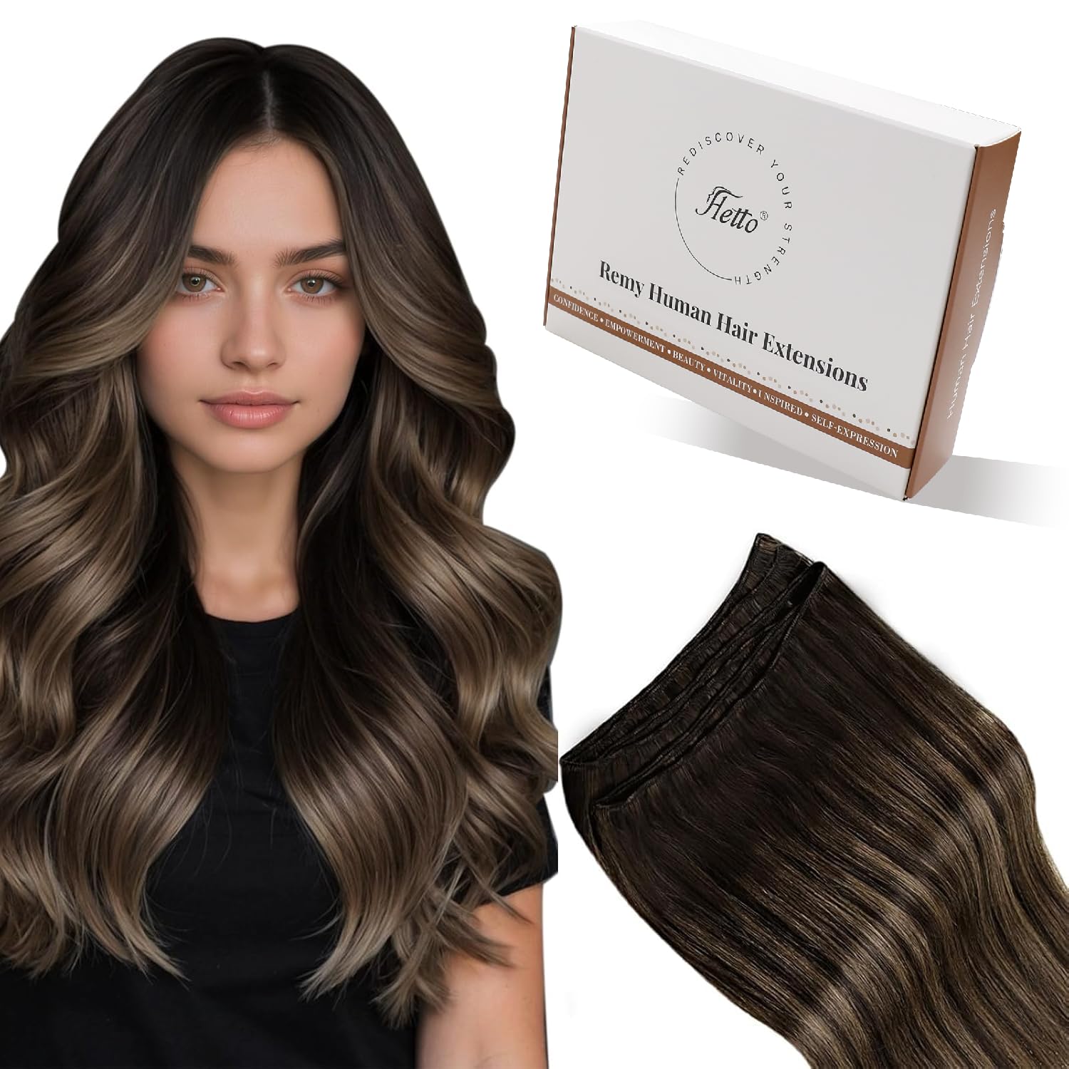 Hetto Weft Hair Extensions Real Human Hair 18 Inch 100g Balayage Dark Brown Mix Light Brown