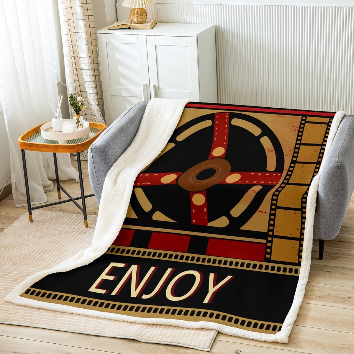 Movie Theme Sherpa Blanket Cinema Scenes Fleece Throw Blanket for Kids Ceremony Photo Photography Plush Blanket Ultra Soft Decor Vintage Style Warm Fuzzy Blanket Throw 50"x60" Multi 15 Throw